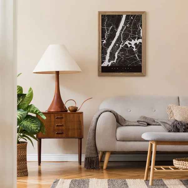 Composição Moderna Interior Sala Estar Com Marrom Simular Quadro Cartaz — Fotografia de Stock