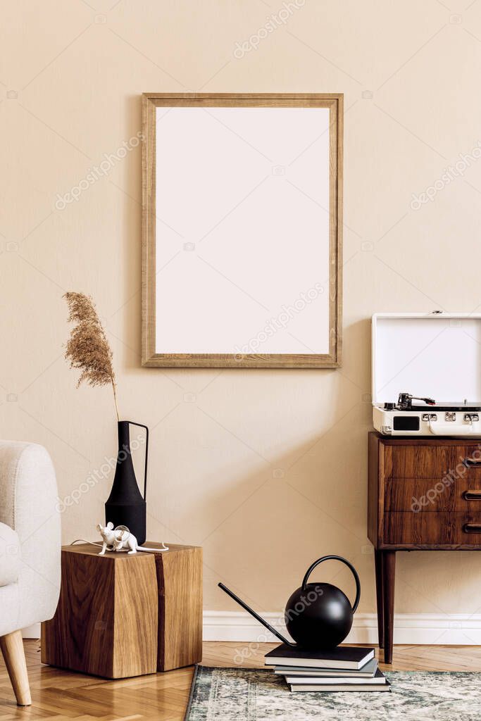 Design scandinavian home interior of living room with mock up poster map, stylish wooden commode, cube, flower in vase and elegant accessories. Beige wall. Modern home staging. Template. Japandi.