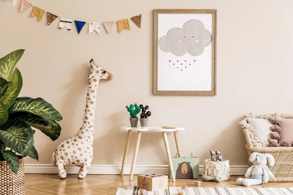 Stylish Scandinavian Kid Room Mock Poster Toys Teddy Bear Plush — Stock Photo, Image