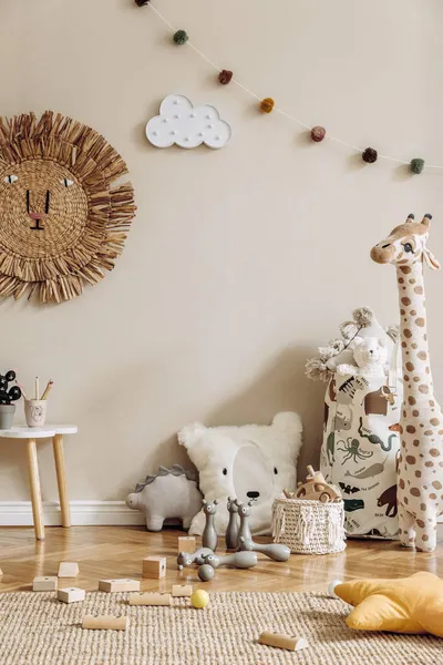 Stylish Scandinavian Interior Child Room Natural Toys Hanging Decoration Design — Stock Photo, Image