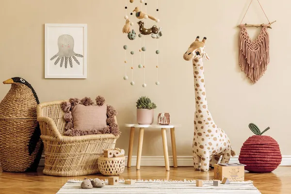 Ruangan Anak Anak Skandinavia Dengan Poster Mainan Boneka Beruang Hewan — Stok Foto
