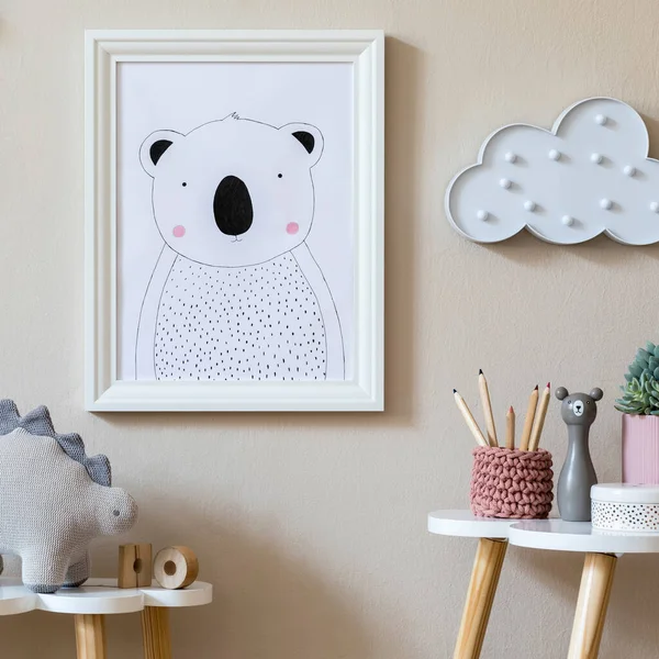 Stylish Scandinavian Nursery Interior Mock Photo Frame Plush Toy Design — Stock Photo, Image