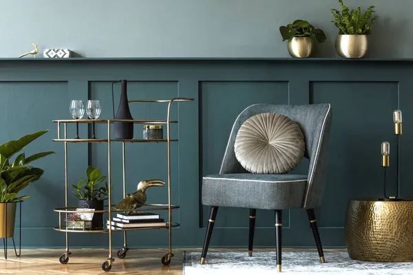 안락의자 금술캐 가정집 장식에는 수많은 과우아 개인용 액세서리가 거실의 디자인 — 스톡 사진