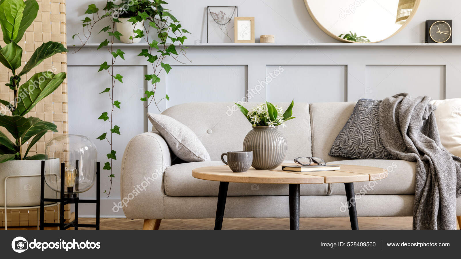 Scandinavian Living Interior Sofa Wooden Coffee Table Stock Photo by ©Followtheflow 528409560