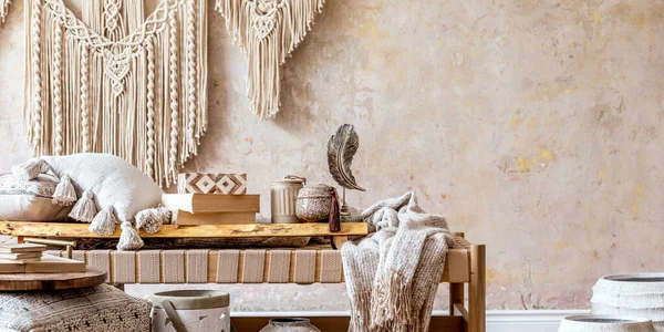 Diseño Interior Elegante Salón Con Chaise Longue Beige Almohadas Linterna — Foto de Stock