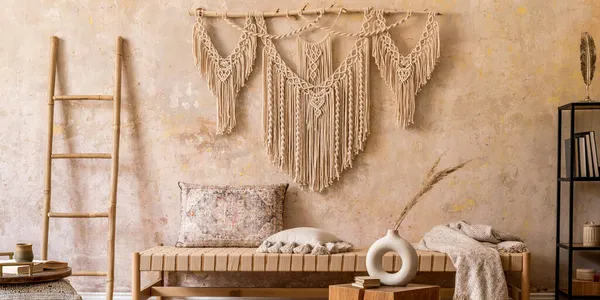 Interieur Van Stijlvolle Woonkamer Met Chaise Longue Mooie Macrame Rotan — Stockfoto