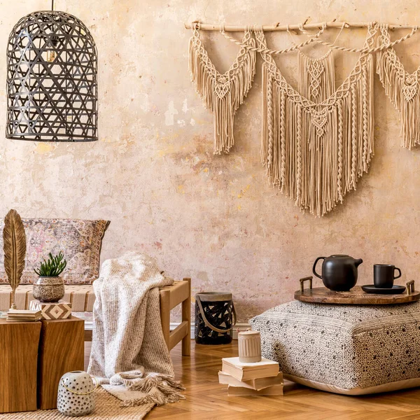 거실의 디자인 아름다운 마크라메 방울새 액세서리가 — 스톡 사진