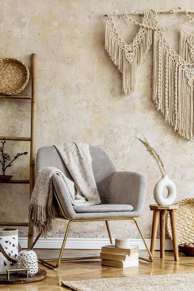 Stylish Oriental Living Room Design Armchair Beautiful Macrame Wooden Ladder — Stock Photo, Image