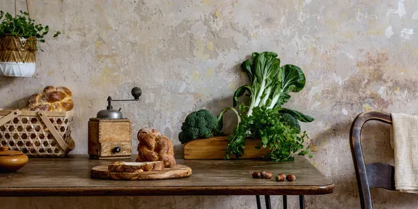 Composición Elegante Del Interior Cocina Con Mesa Familiar Verduras Tetera — Foto de Stock