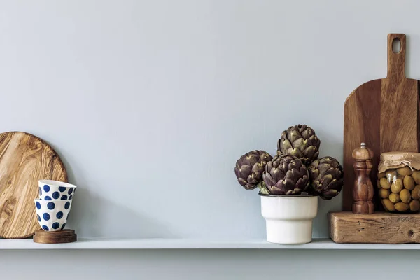 Komposisi Modern Pada Interior Dapur Dengan Sayuran Memotong Papan Makanan — Stok Foto