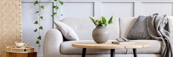 Scandinavian concept of living room interior with design sofa, coffee table, plant in pot, lamp, carpet, plaid, pillow, shelf, decoration and personal accessories in modern home staging.