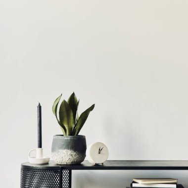 Modern ev dekorasyonunda tasarım ahşap klozet, kitaplar, dekorasyonlar, fotokopi alanı ve zarif kişisel aksesuarları olan şık bir İskandinav evi tasarımı. Şablon.