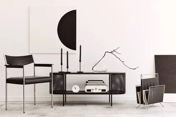 Interior Design Modern Living Room Black Stylish Commode Chair Mock — Stock Photo, Image