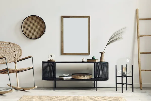 Moderní Skandinávský Interiér Obývacího Pokoje Modelovým Rámečkem Plakátu Designovou Výzdobou — Stock fotografie