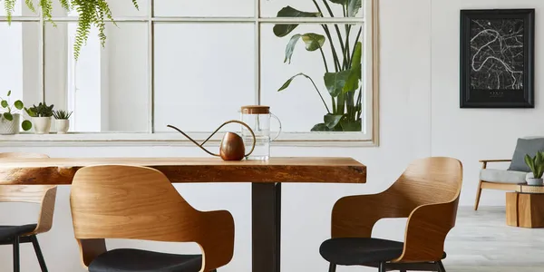 Elegante Botánica Interior Del Comedor Con Mesa Madera Artesanal Diseño — Foto de Stock