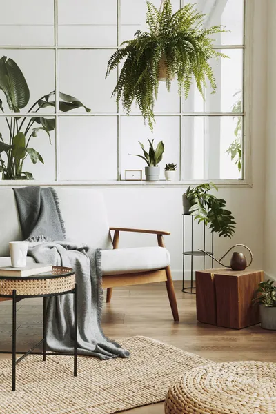 Modern Skandinav Oturma Odasının Tasarımı Gri Kanepe Koltuk Bir Sürü — Stok fotoğraf