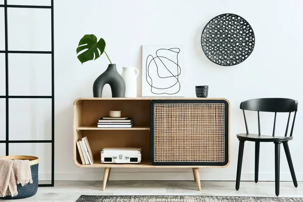 Stylish Scandinavian Living Room Interior Modern Apartment Wooden Commode Design — Stock Photo, Image