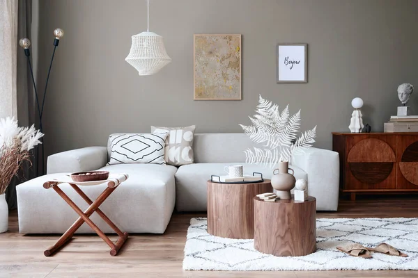 Diseño Interior Elegante Sala Estar Con Sofá Neutro Moderno Muebles — Foto de Stock
