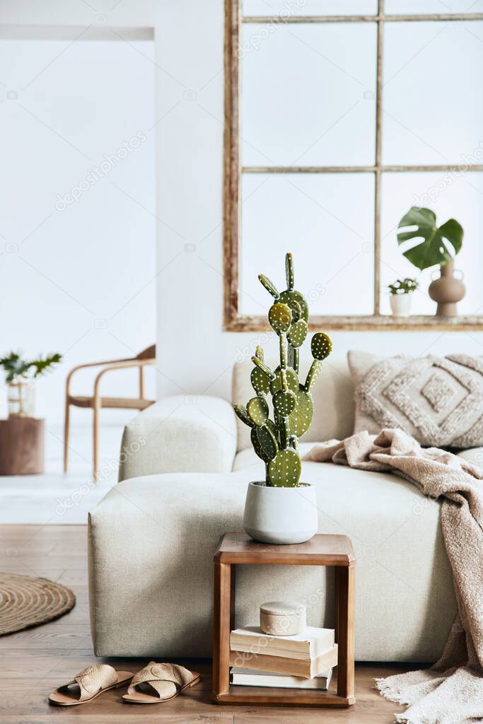 Stylish composition of living room with design beige sofa, wooden stool, cacti, plants, book, decoration, furniture and elegant personal accessories. Modern home decor. Open space. Template.