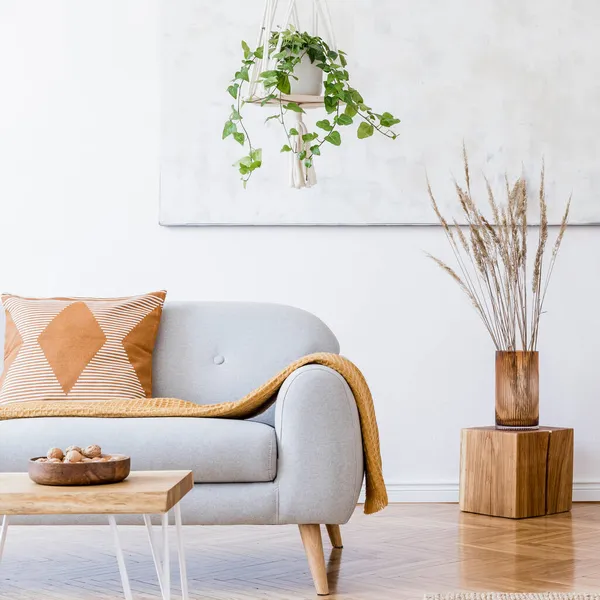 别致的构图 充满创意 宽敞宽敞的公寓内部 灰色沙发 咖啡桌 地毯和美丽的配饰 白墙和花篮地板 — 图库照片