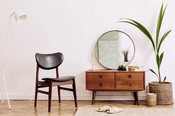 Minimalistic Stylish Composition Living Room Wooden Commode Mirror Chair Lamp — Stock Photo, Image