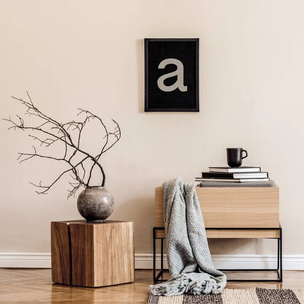 Japandi Living Room Interior Mock Poster Frame Design Wooden Commode — Stock Photo, Image
