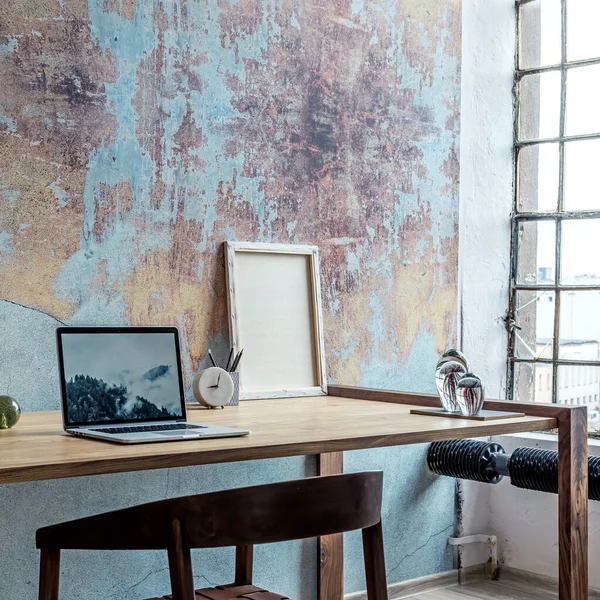 Diseño Interior Elegante Espacio Oficina Apartamento Loft Con Escritorio Madera — Foto de Stock
