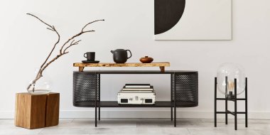 Modern oturma odasının iç tasarımı, siyah klozet, sanat resimleri, lamba, kitap, dekorasyon ve ev dekorasyonu gibi zarif aksesuarlar. Şablon. 