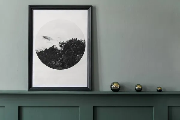 Kreativ Inredning Vardagsrum Mysig Lägenhet Med Mock Affisch Ram Elegant — Stockfoto