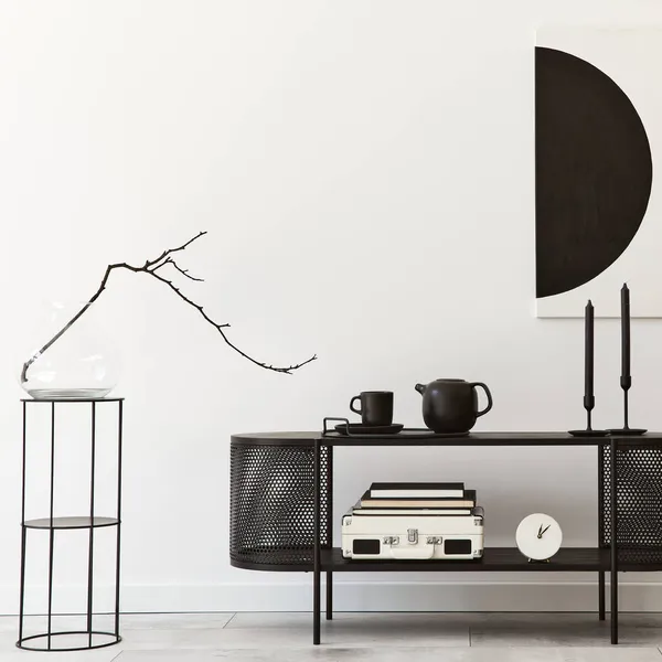 Diseño Interior Sala Estar Moderna Con Cómoda Elegante Negro Maqueta — Foto de Stock