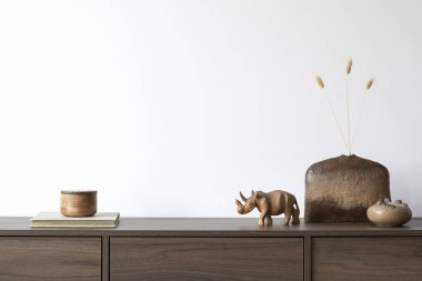 Beyaz duvarlı yaratıcı minimalist kompozisyon ve ahşap klozette küçük, şık aksesuarlar. Uzayı kopyala Şablon.