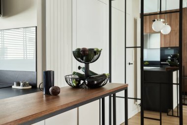 Biuld mutfağı ve mutfak adasıyla modern mutfak dekorasyonu. Geometrik biçimler ve şekiller. Ayrıntılar. Şablon.