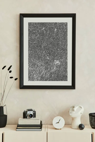 Elegant Composition Stylish Living Room Intrerior Mock Poster Frame Beige — Stock Photo, Image