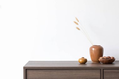 Kahverengi klozet, vazolar ve kişisel aksesuarlarla modern oturma odasının minimalitik bileşimi. Beyaz duvar. Uzayı kopyala Şablon