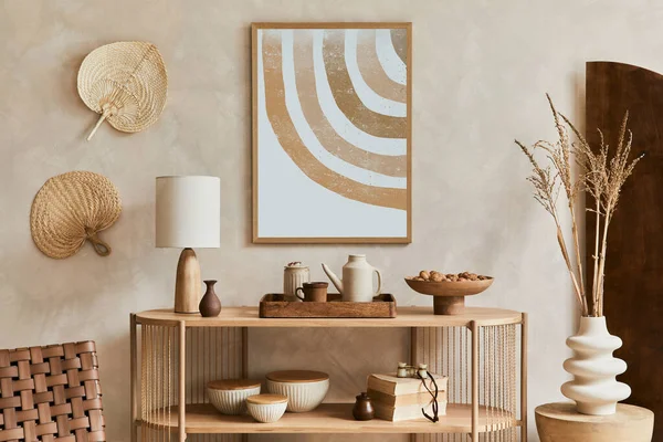 Stylový Design Interiéru Obývacího Pokoje Konzolí Modelovat Rámeček Plakátu Lampa — Stock fotografie