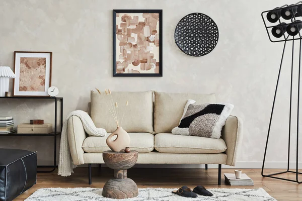 Moderní Elegantní Design Interiéru Obývacího Pokoje Pohovkou Konzolí Modelovým Rámečkem — Stock fotografie