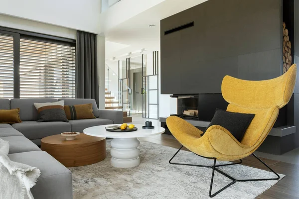 Modern Living Room Interior Design Corner Beige Sofa Rounded Coffee — Stock Photo, Image