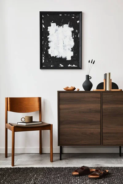 Stylish Living Room Interior Composition Mock Poster Frame Brown Wooden — 图库照片