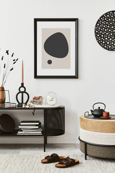 Stylish Living Room Interior Composition Mock Poster Frame Pouf Console — 图库照片