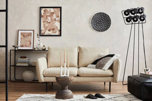 Composición Moderna Elegante Diseño Interior Sala Estar Con Marco Póster — Foto de Stock