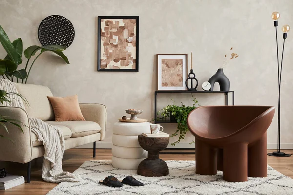 Moderní Kompozice Elegantního Interiérového Designu Obývacího Pokoje Modelovým Rámečkem Plakátu — Stock fotografie