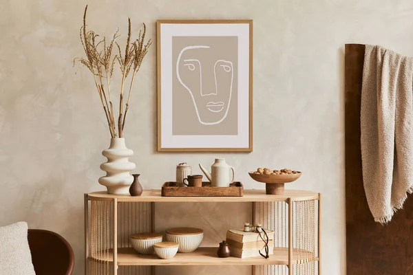 Creative Interior Composition Design Wooden Console Mock Poster Frame Armchair — Fotografia de Stock