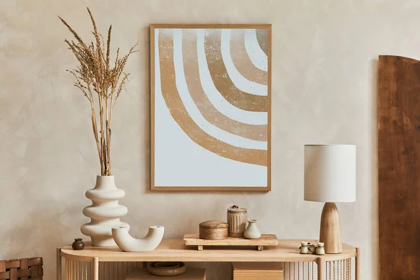 Stylový Design Interiéru Obývacího Pokoje Konzolí Modelovat Rámeček Plakátu Lampa — Stock fotografie