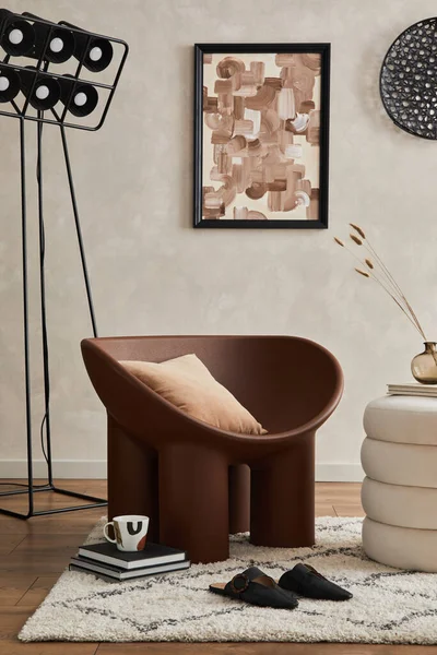 Elegant Interior Living Room Brown Creative Armchair Industrial Lamp Mock — Stock fotografie