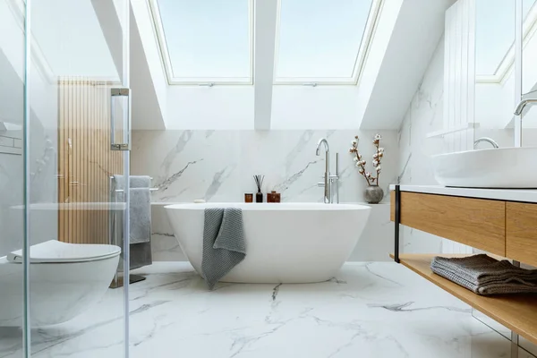 Stylish Bathroom Interior Design Marble Panels Bathtub Towels Other Personal — Stock Photo, Image