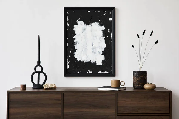 Stylish Living Room Interior Composition Mock Poster Frame Brown Wooden — Fotografia de Stock