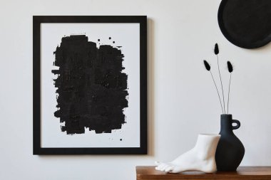Creative composition of minimalist living room with mock up poster frame, wooden commode, vase and personal accessories. Copy space. Template