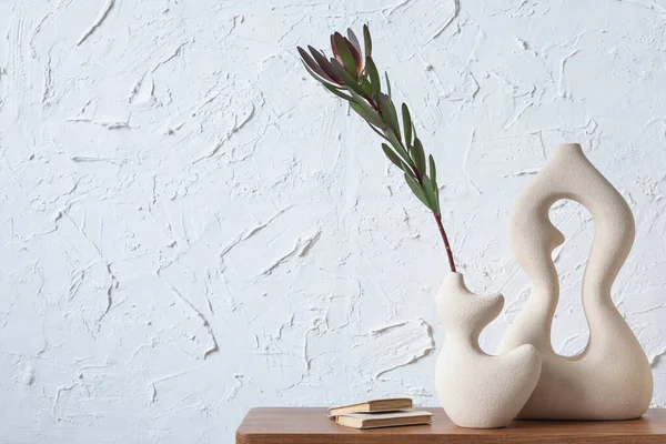 Creative Minimalistic Composition Home Interior Handmade Clay Vases Sidetable Elegant — Stock Photo, Image