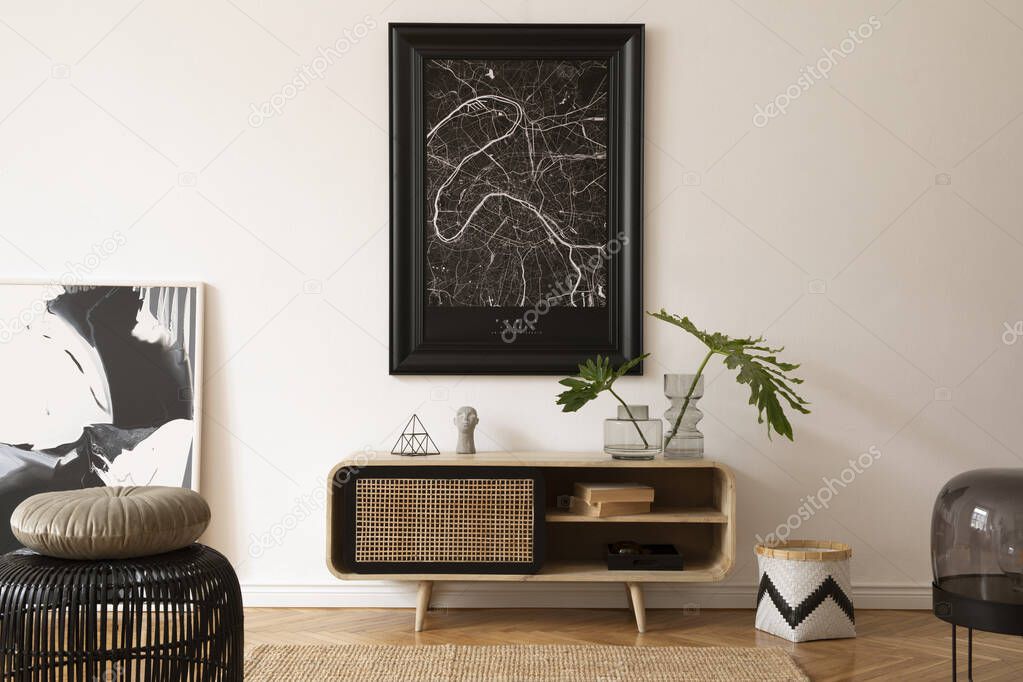 Creative modern home interior with mock up map, rattan commode, plants and elegant home decorations. Template.