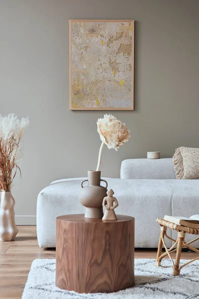 Interior Bergaya Dengan Desain Sofa Modular Netral Poster Mock Meja — Stok Foto